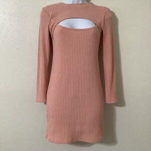 Yi Lhi Lian Pink Ribbed Bodycon Glam Club Feminine Keyhole Neck Mini Dress S